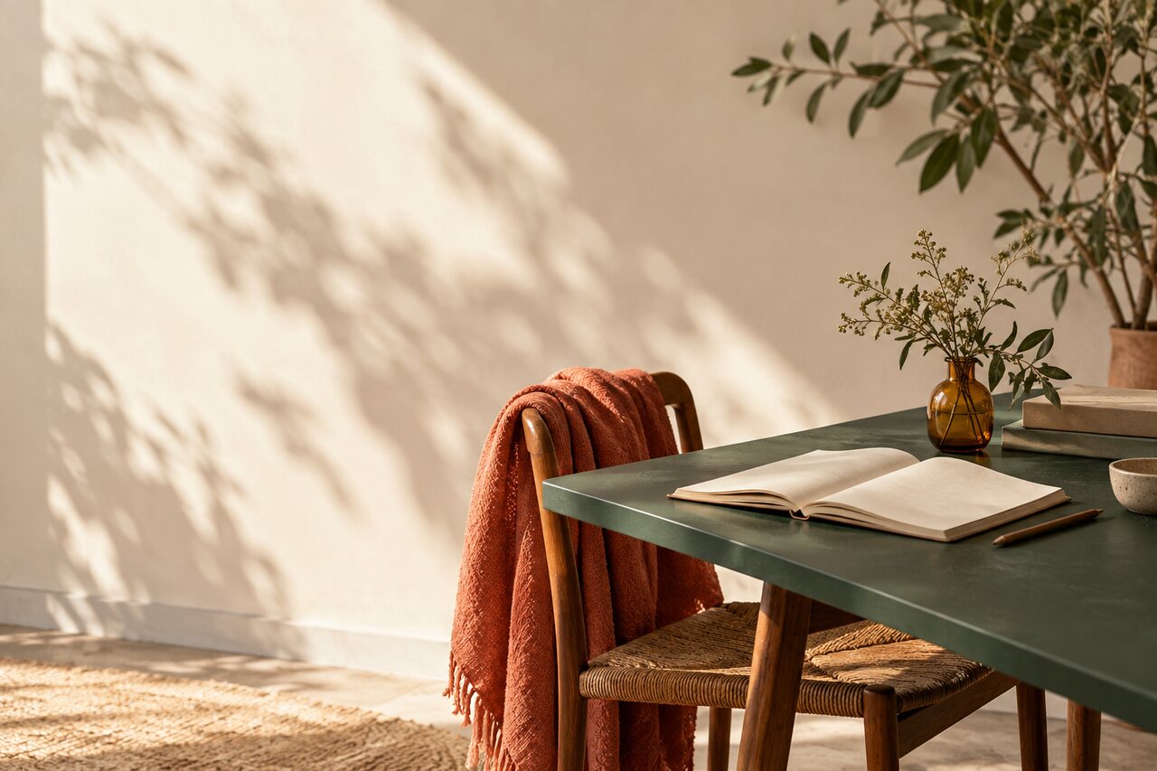Caderno aberto em uma mesa verde, em um ambiente iluminado pelo sol da manhã.